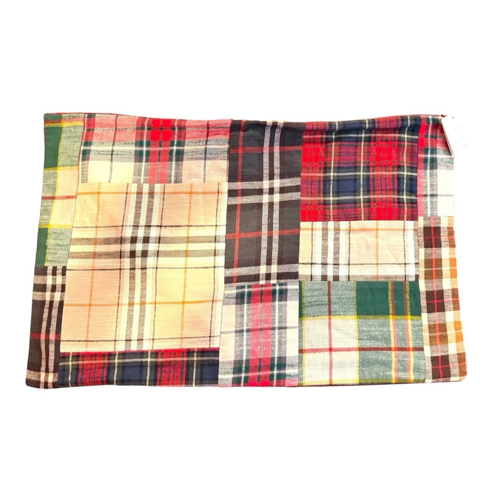Pottery Barn Kirk Patchwork Plaid Lumbar Pillow Cover 16x26 Velvet Back NWT Xmas